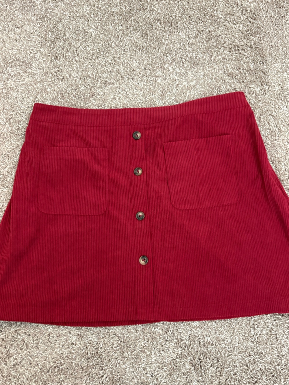 Red Button-Front Corduroy Skirt